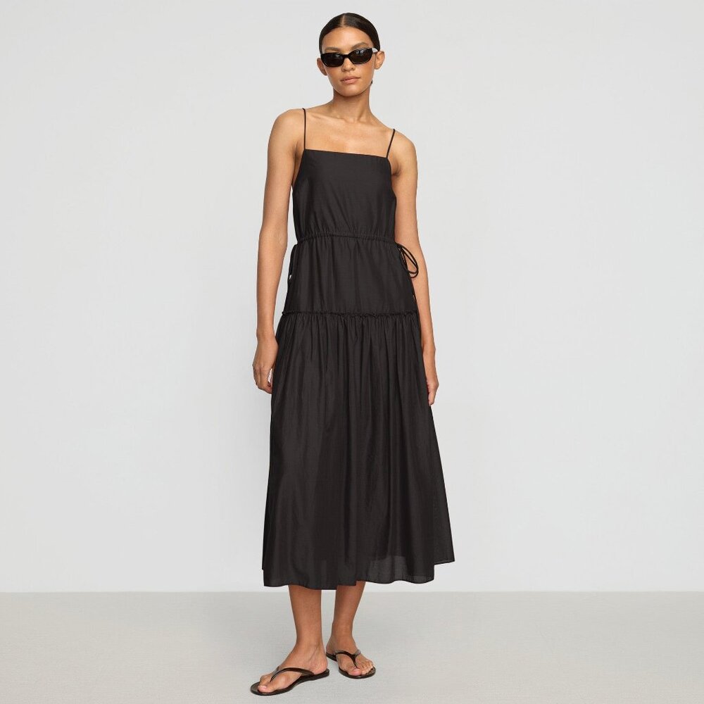 Modern Citizen Dalia Tie-Waist Tiered Organic Cotton Dress Size LBlack / L